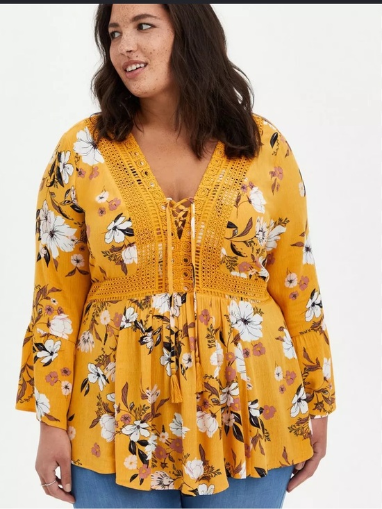 torrid Tops - Torrid Mustard Yellow White Floral Lace V-Neck Boho Baby Doll Peasant Blouse